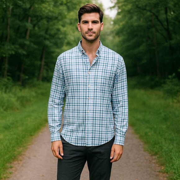 Lands' End Tailored Fit 17.5-35 Blue Check Button Down Travel Dress Casual Shirt - Picture 1 of 8